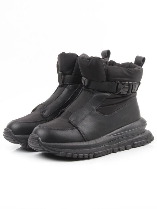 04-WG037-3M BLACK Ботинки зимние женские (натуральная кожа, курточная ткань, 100% шерсть)