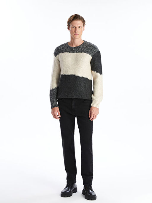 Bisiklet Yaka Uzun Kollu Renk Bloklu Erkek Triko Kazak