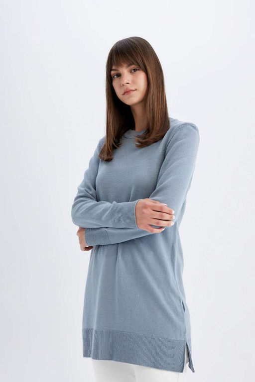 Свитер-туника стандартного кроя с круглым вырезом - Defacto фото 4