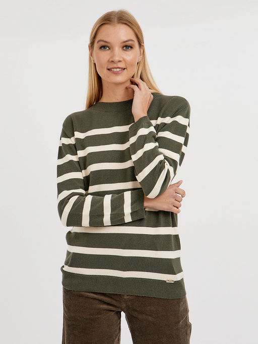 джемпер женский в цвете хаки с полосками молочного цвета - Glenfield фото 4
