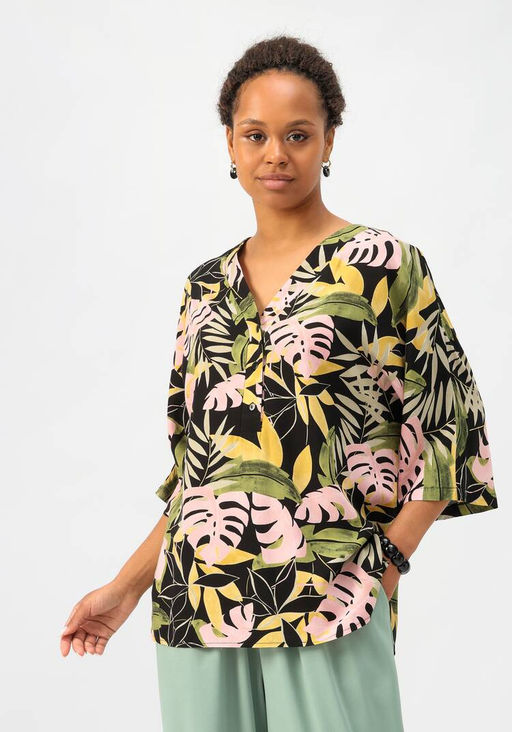 Блуза с тропическим принтом свободного кроя черный