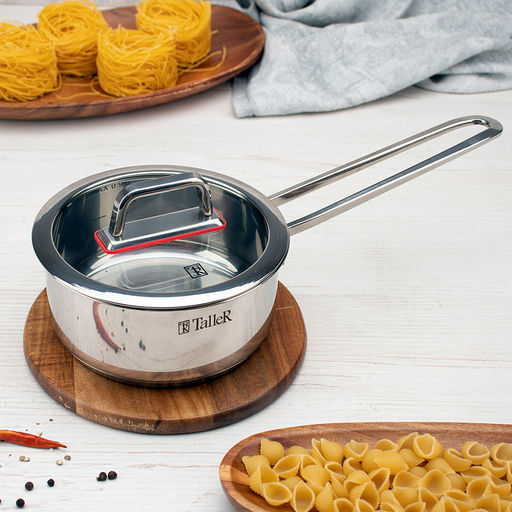 Ковш из нержавеющей стали Tendency 0,9л, д14см, h6,8см, s0,6мм, дно s2,8мм, плоская стеклянная жаропрочная крышка, пароотвод, стальной обод, прутковая ручка из нержавеющей стали на точечной сварке, полировка снаружи - зеркальная, внутри - зеркальна - Домашняя мода фото 3