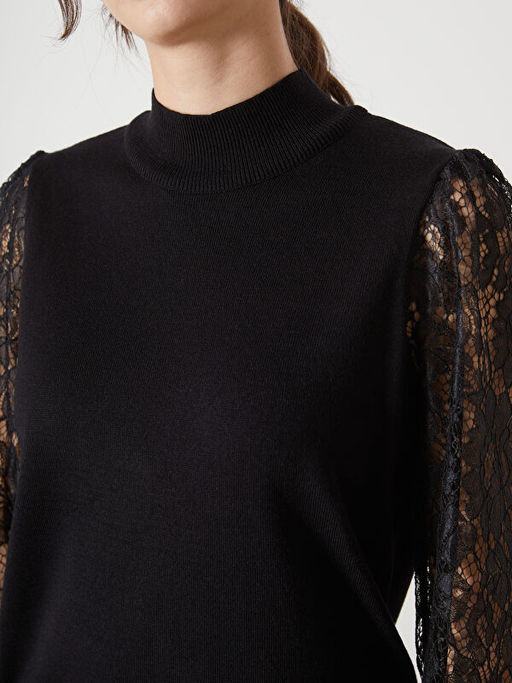 Yar?m Bal?k?? Yaka Dantel Detayl? Kad?n Triko Kazak