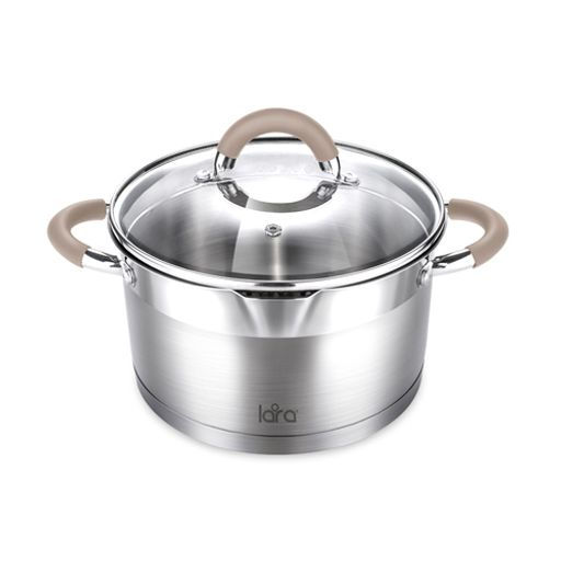 LR02-341 Кастрюля (нерж) Берлин 18x10см, 2,4л, капс.дно, шкала, силик.накл, крыш.дуршлаг /LARA/  фото 2