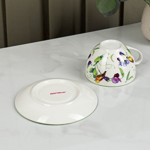 Сервиз чайный Доляна Зелёный сад, 12 предметов: 6 чашек 220 мл, 6 блюдец d=13 см, фарфор