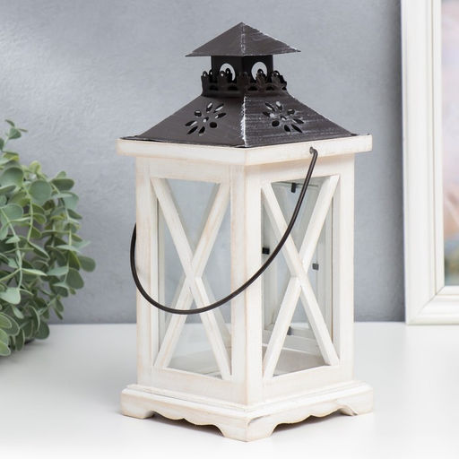 Деревянный подсвечник-фонарь на 1 свечу «Ставни», беж, 28×12.5×12.5 см