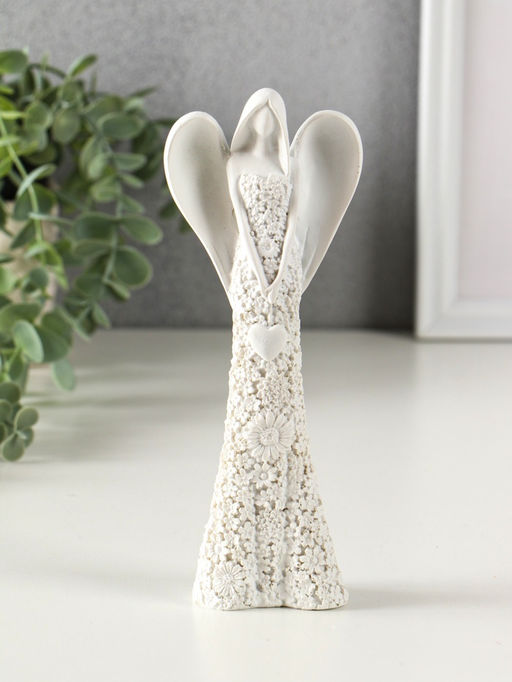 Фигурка полистоун Безликий ангел в цветочном белом платье с сердцем, 20 см, МИКС