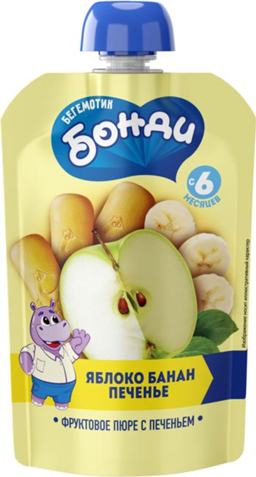 Бегемотик Бонди, пюре фруктовое Яблоко, банан, печенье, 90 г