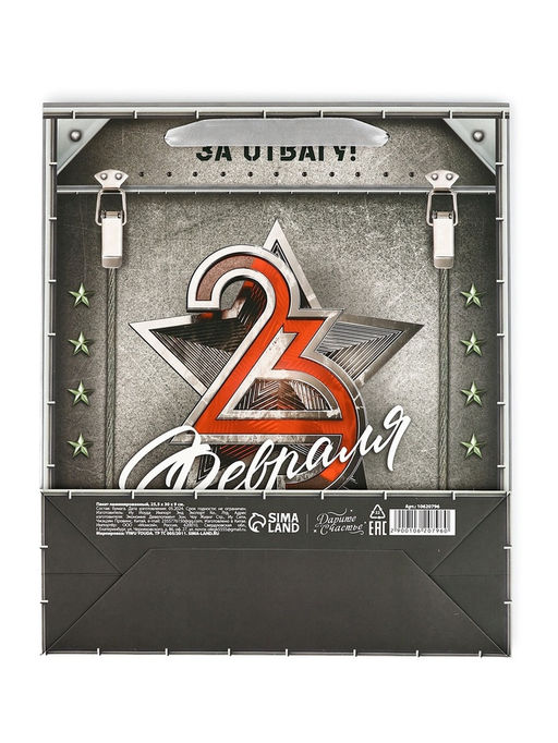 Цена за 2 шт. Пакет подарочный ламинированный «23 февраля», M 25.5×30×9 см