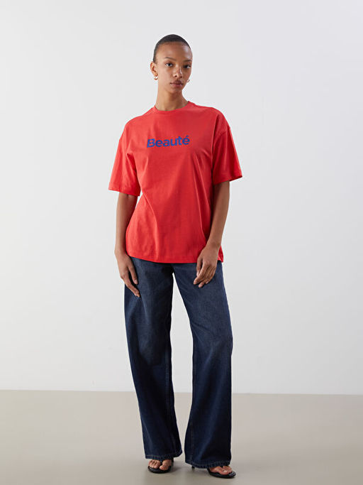 Bisiklet Yaka Bask?l? Oversize Kad?n Ti??rt