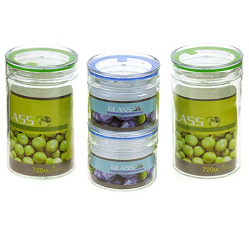 Банка для сыпучих продуктов стеклянная набор 4 штуки: 0,32л д8,5х7,3см - 2 штуки, 0,72л д8,5х15,3см - 2 штуки, пластмассовая крышка, подарочная коробка (Китай) (д/горла 7,2см д/основания 8,5см)