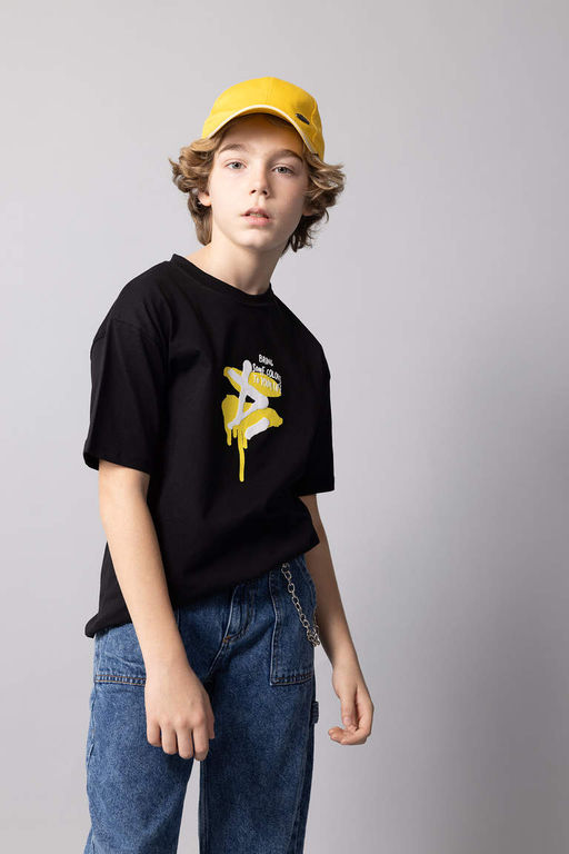 Футболка оверсайз с круглым вырезом на спине и короткими рукавами с принтом для мальчиков - Defacto фото 3