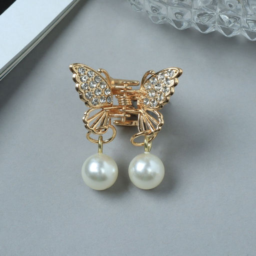 Цена за 6 шт. Крабик для волос «Милада», белые бусинки, 2.5 см, золотистый