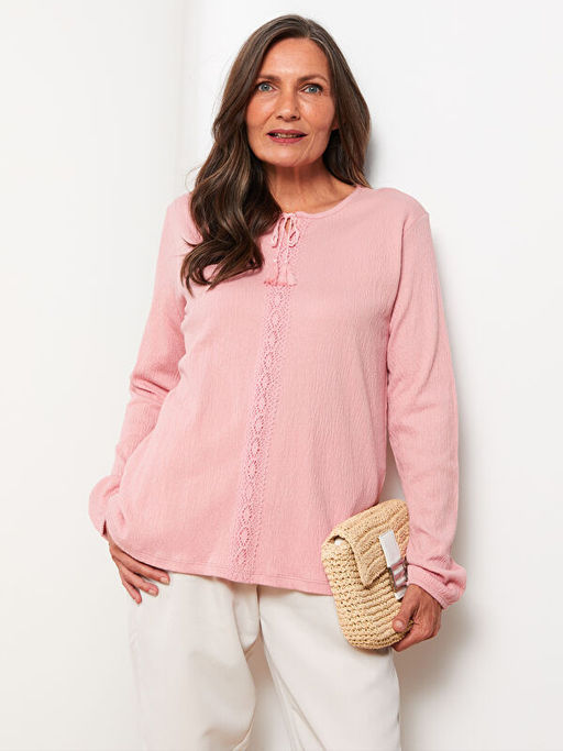 Ba?lamal? Yaka Nak??l? Uzun Kollu Kad?n Ti??rt