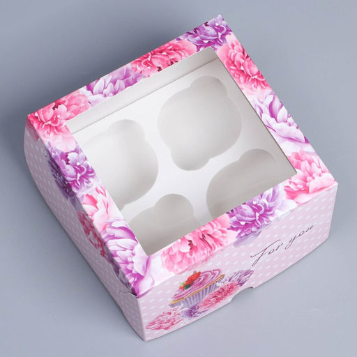 Цена за 5 шт. Коробка для капкейков, кондитерская упаковка с окном, 4 ячейки «Пионы», 16 х 16 х 10 см