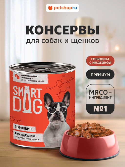 Корм консервированный полнорационный для собак и щенков: кусочки говядины с индейкой 22ел16