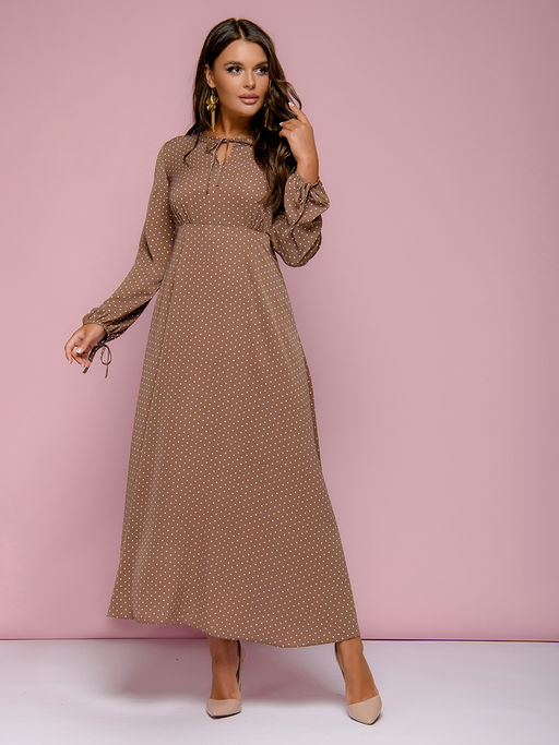 Платье цвета мокко в горошек с длинными рукавами - 1001dress фото 2