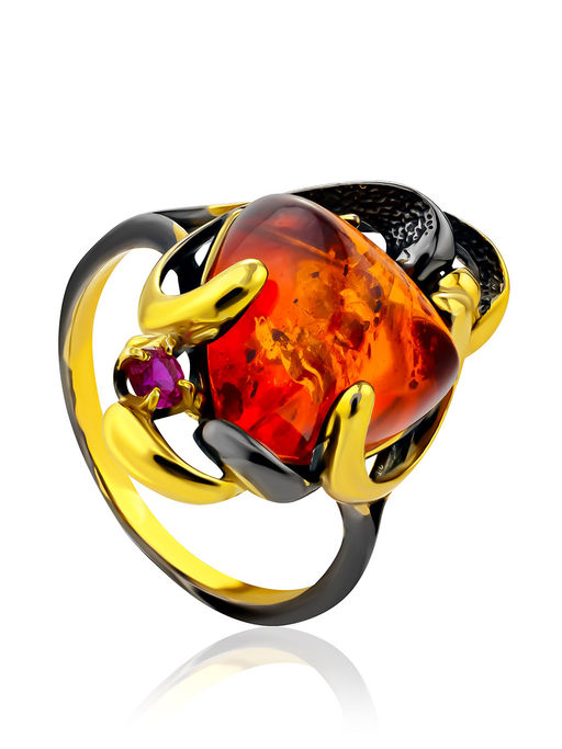 Нарядное кольцо Помпадур с коньячным янтарём и кристаллом