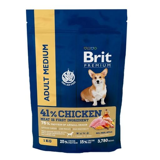 Брит Premium Dog Adult Medium с курицей для взрослых собак средних пород (10-25 кг), 1 кг