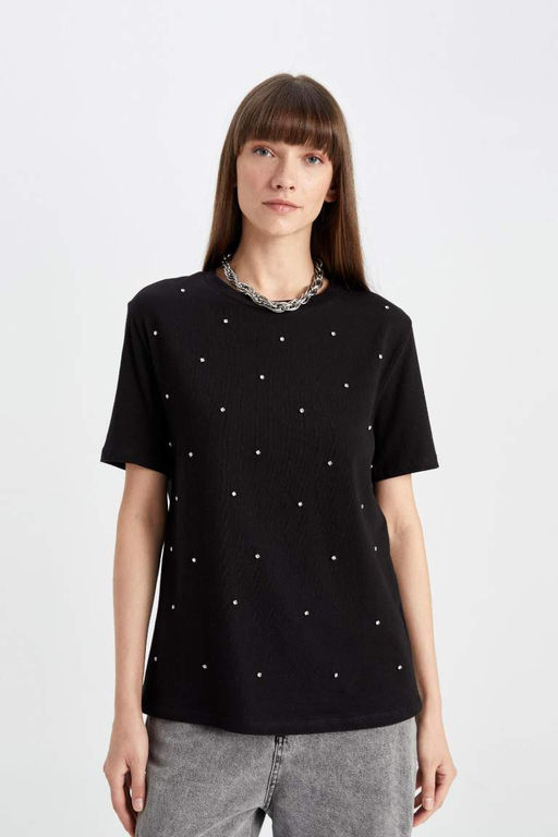 Женская черная повседневная футболка с короткими рукавами и круглым вырезом стандартного кроя, украшенная камнями - Defacto фото 6