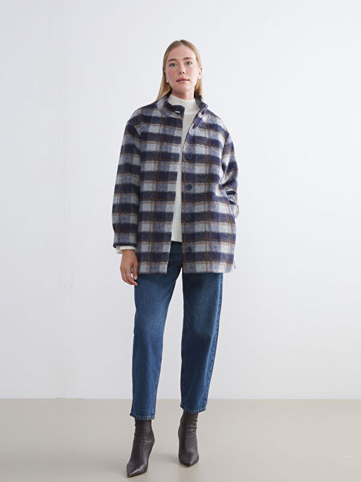 Dik Yaka Ekose Kad?n Ka?e G?mlek Ceket