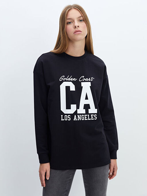 Bisiklet Yaka Bask?l? Oversize Kad?n Sweatshirt Tunik