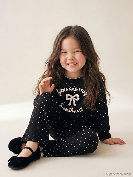 Bisiklet Yaka Kurdele Bask?l? K?z ?ocuk Ti??rt