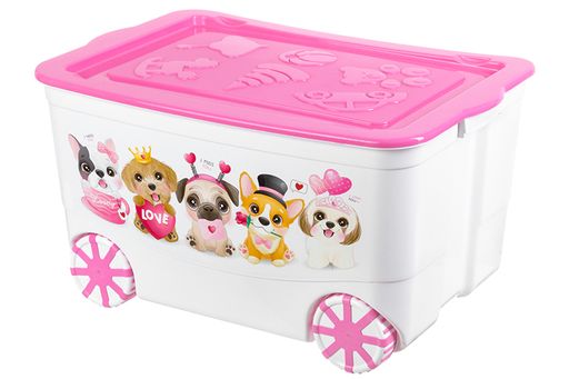 Ящик для игрушек 55 л 61*41*33 см KidsBox Милые щенки белый с розовой крышкой, на колёсах - Elan gallery фото 4