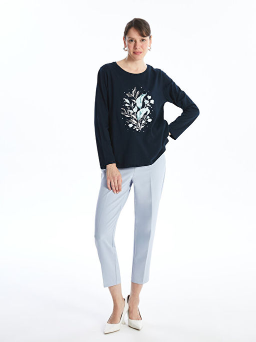 Bisiklet Yaka Bask?l? Uzun Kollu Kad?n Ti??rt