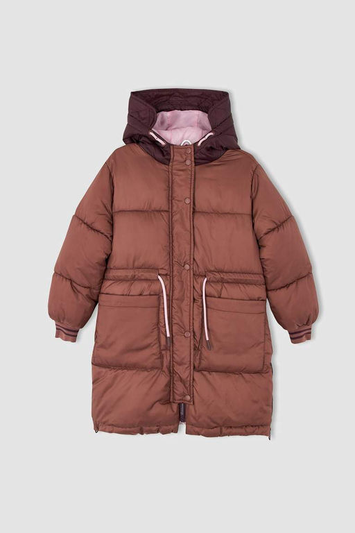 Длинное пальто с капюшоном для девочек - Defacto фото 5