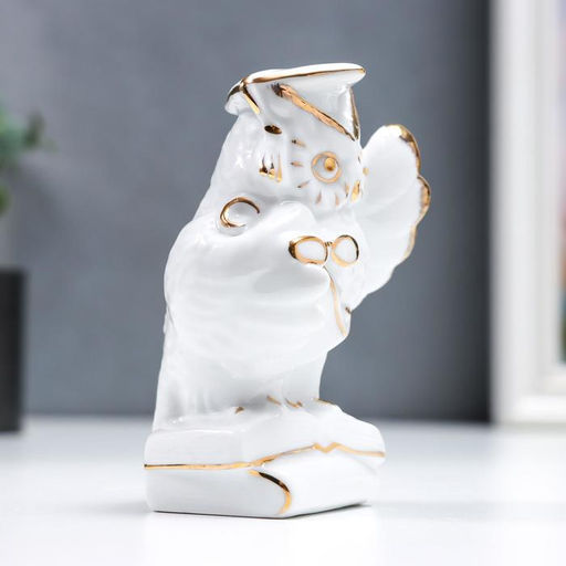 Фигурка керамика «Мудрый филин с пенсне, на книгах», белый с золотом, 12 см