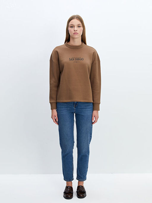 Bisiklet Yaka Bask?l? Oversize Kad?n Kal?n Sweatshirt