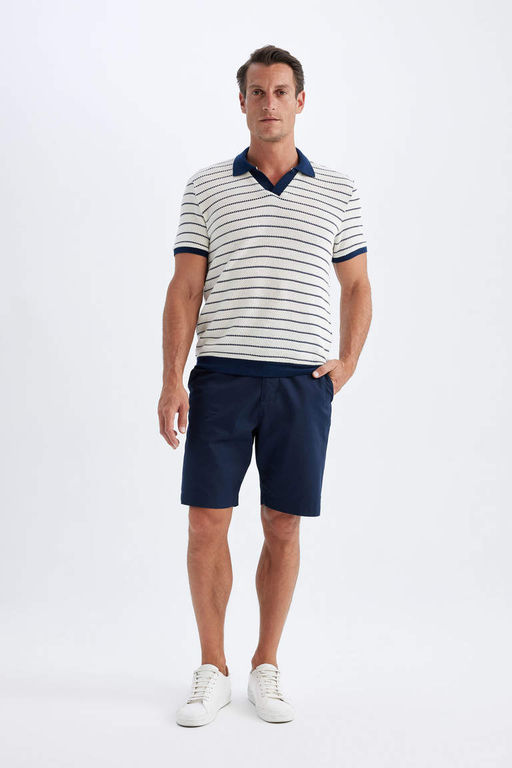 Полосатая трикотажная футболка-поло обычного кроя с короткими рукавами - Defacto фото 2