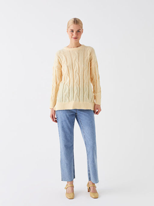 Bisiklet Yaka Kendinden Desenli Uzun Kollu Oversize Kad?n Triko Tunik