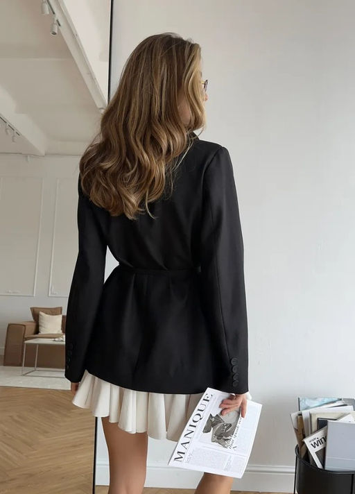 K13519 Пиджак OVER SIZE с поясом ЧЕРНЫЙ