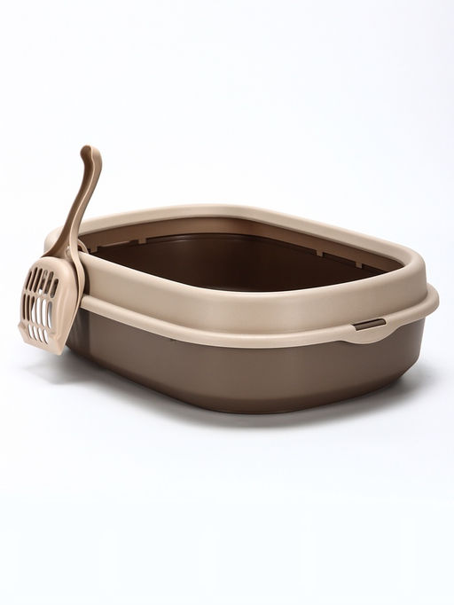 Лоток для кошек Фур-Мур 48×35.5 см с бортом + совок, Soft-touch, капучино