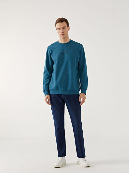 Bisiklet Yaka Bask?l? Erkek Kal?n Sweatshirt