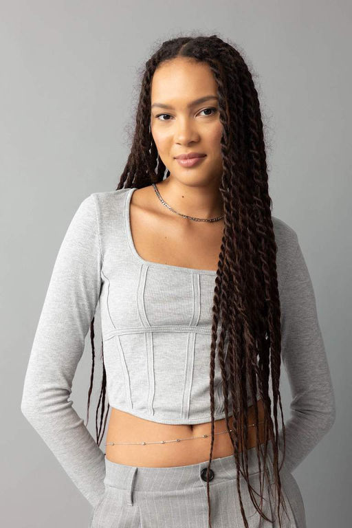 Приталенная футболка с длинными рукавами и круглым вырезом в рубчик - Defacto фото 3