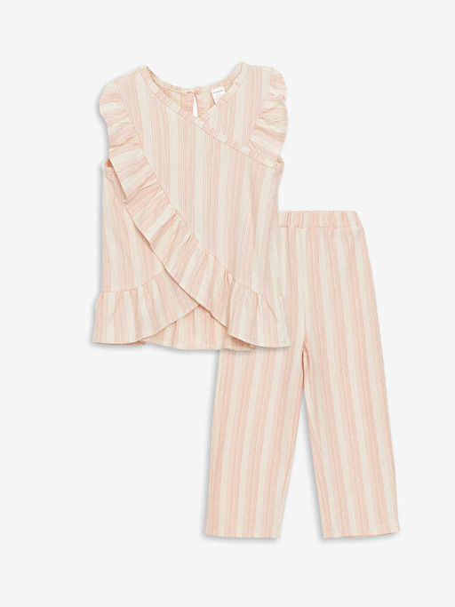 Bisiklet Yaka Kolsuz ?izgili K?z Bebek Bluz ve Tayt 2li Tak?m