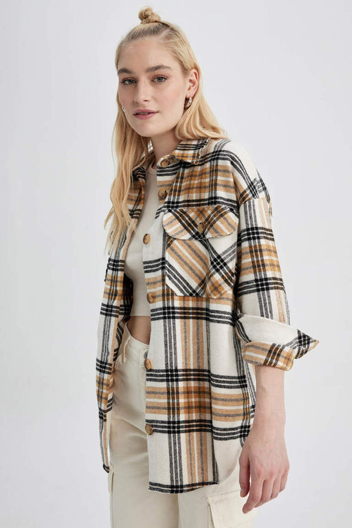 Фланелевая туника с длинными рукавами и воротником-рубашкой оверсайз - Defacto фото 3