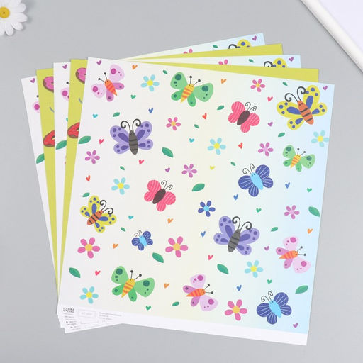 Цена за 5 шт. Бумага для скрапбукинга двусторонняя Бабочки и пончики, плотность 180 г, 30.5?32 см