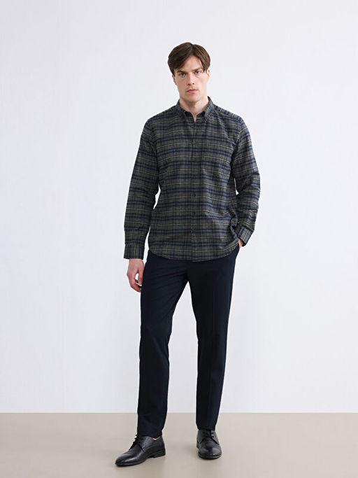 Regular Fit Y?n Kar???ml? Gabardin Erkek Ekose G?mlek