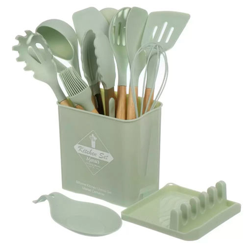 Набор кухонных принадлежностей 14 предметов силикон бамбук на подставке B030087 (484074) /DANIKS/