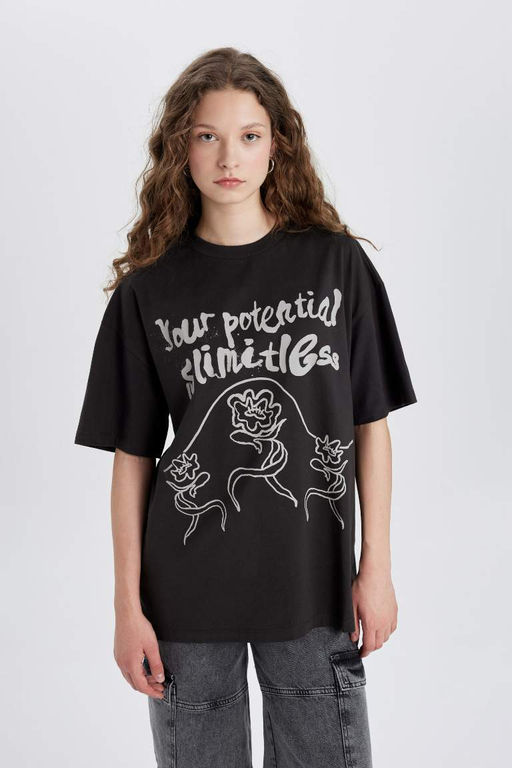 Футболка Oversize с круглым вырезом и короткими рукавами с принтом - Defacto фото 3