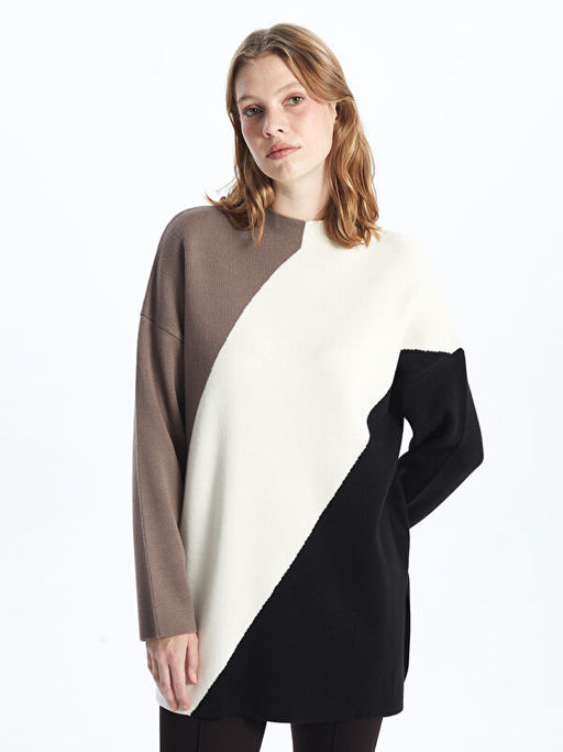 Yar?m Bal?k?? Yaka Renk Bloklu Kad?n Triko Tunik