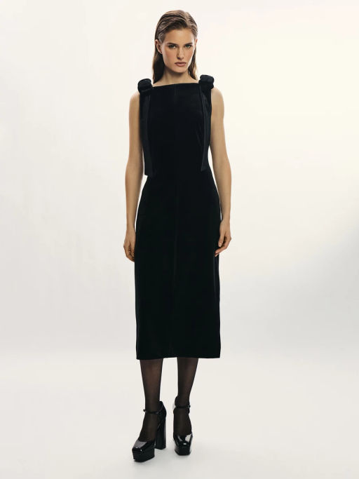 Бархатное платье миди с бантами на бретелях / Zarina