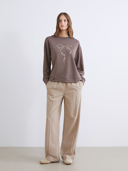 Bisiklet Yaka Bask?l? Oversize Kad?n Sweatshirt