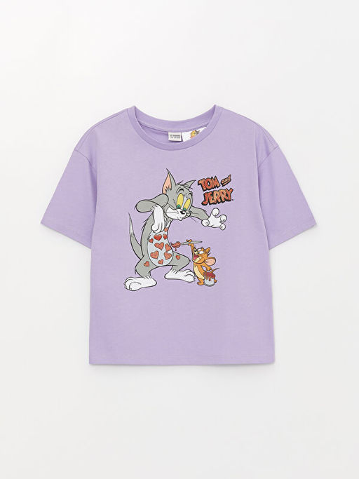 Bisiklet Yaka Tom ve Jerry Bask?l? K?sa Kollu K?z ?ocuk Ti??rt ve Tayt - Waikiki фото 2