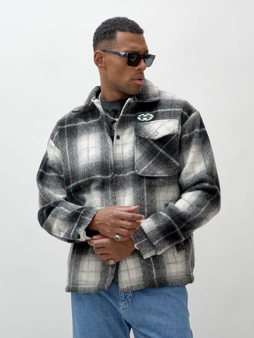 Куртка рубашка шерстяная в клетку мужская демисезонная темно-серого цвета 58592TC