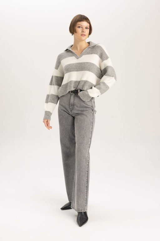 Полосатый свитер из ткани селаник с воротником-поло свободного покроя - Defacto фото 2